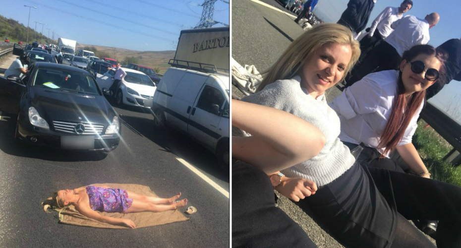 Mulher Decidiu Apanhar Banhos De Sol Após Ficar Retida No Trânsito Durante Horas