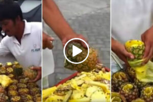 Vendedor De Rua Mostra Como é Rápido Descascar e Cortar Um Ananás