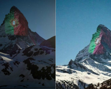Montanha Dos Alpes Ilumina-se Com a Bandeira Portuguesa Como Sinal De Esperança