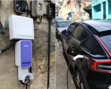 Carro Elétrico é Visto a Carregar Na Rua Numa Wallbox Doméstica Ligada a Uma Instalação Clandestina Carro Elétrico é Visto a Carregar Na Rua Numa Wallbox Doméstica Ligada a Uma Instalação Clandestina