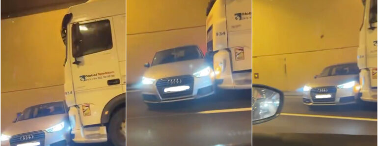 Camião Arrastou Audi A4 Durante 300 Metros Sem Que o Motorista Percebesse o Que Estava a Acontecer Camião Arrastou Audi A4 Durante 300 Metros Sem Que o Motorista Percebesse o Que Estava a Acontecer
