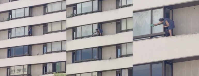 Idosa Filmada a Limpar Janelas No Exterior De Prédio Em Alvalade Idosa Filmada a Limpar Janelas No Exterior De Prédio Em Alvalade
